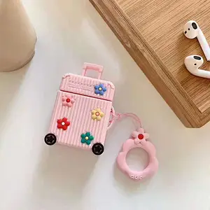 silicone luggage earphone case cover suitcase earphone case for airpods1/2 beautiful flower suitcase earphone case