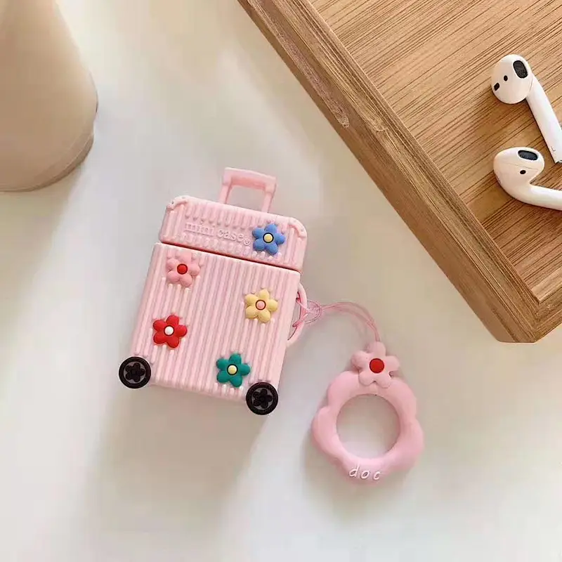 silicone luggage earphone case cover suitcase earphone case for airpods1/2 beautiful flower suitcase earphone case